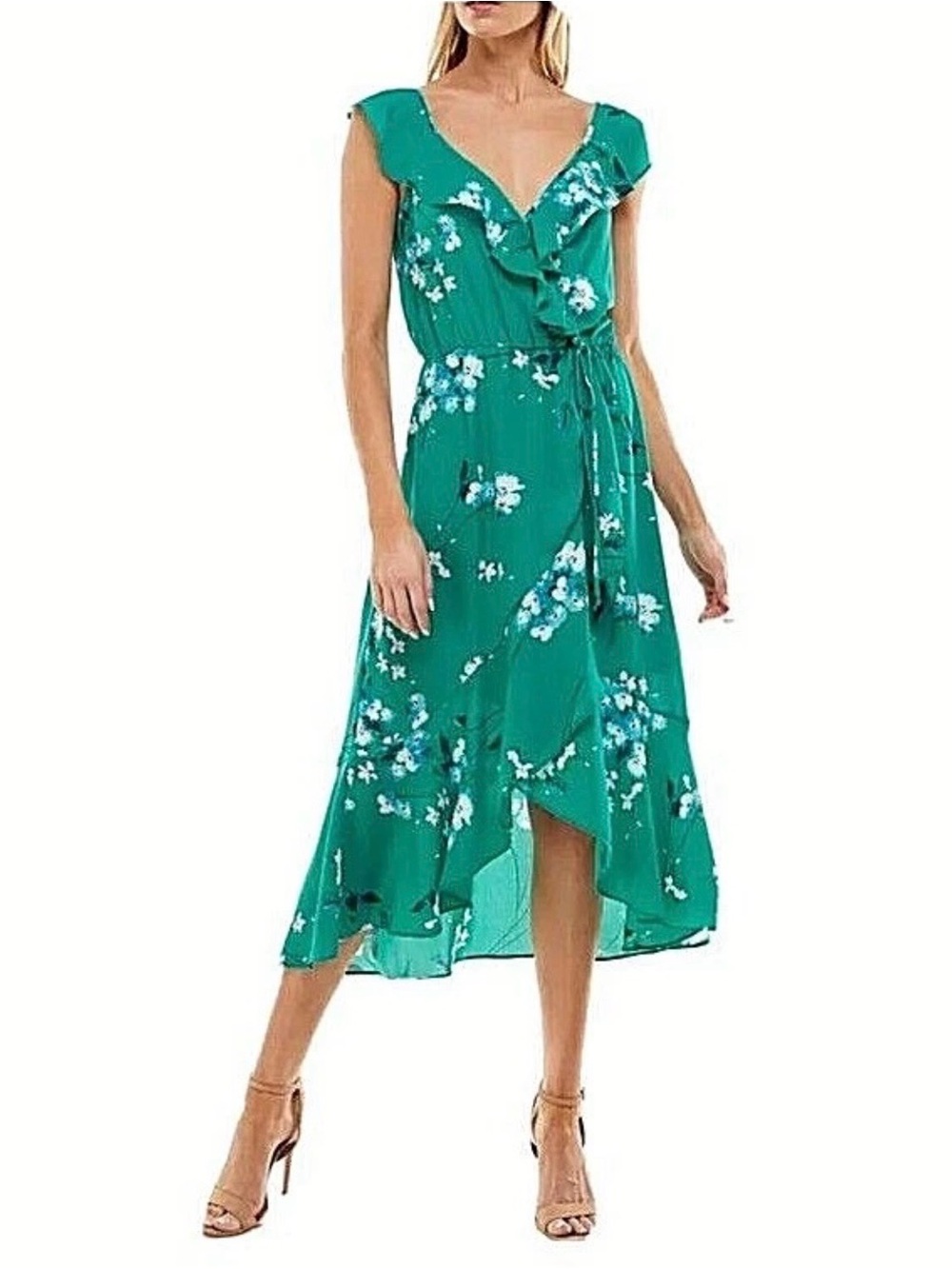 Socialite Kelly Green Floral Printed Ruffles Dress Button Front Size XL